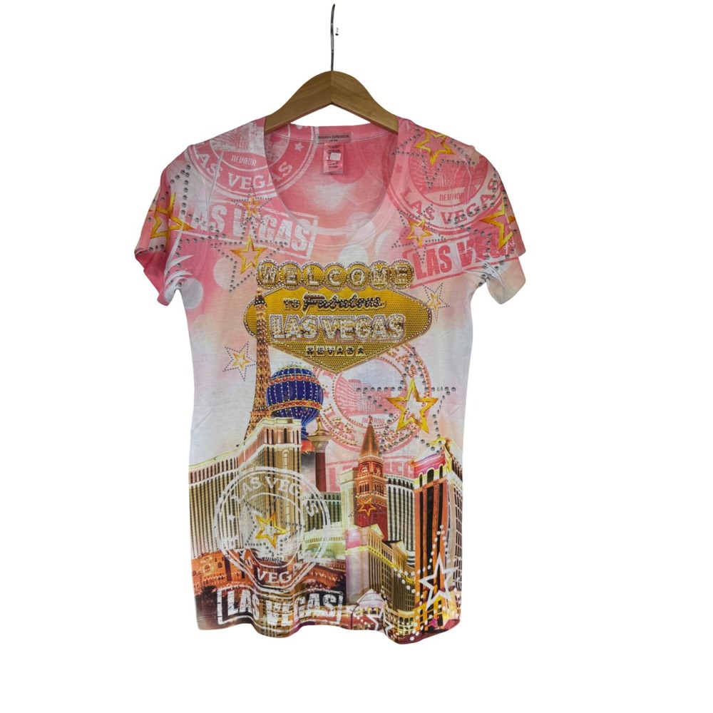 Banana Expression Las Vegas Rhinestone‎ Graphic Tee Shirt tourist Pink XL